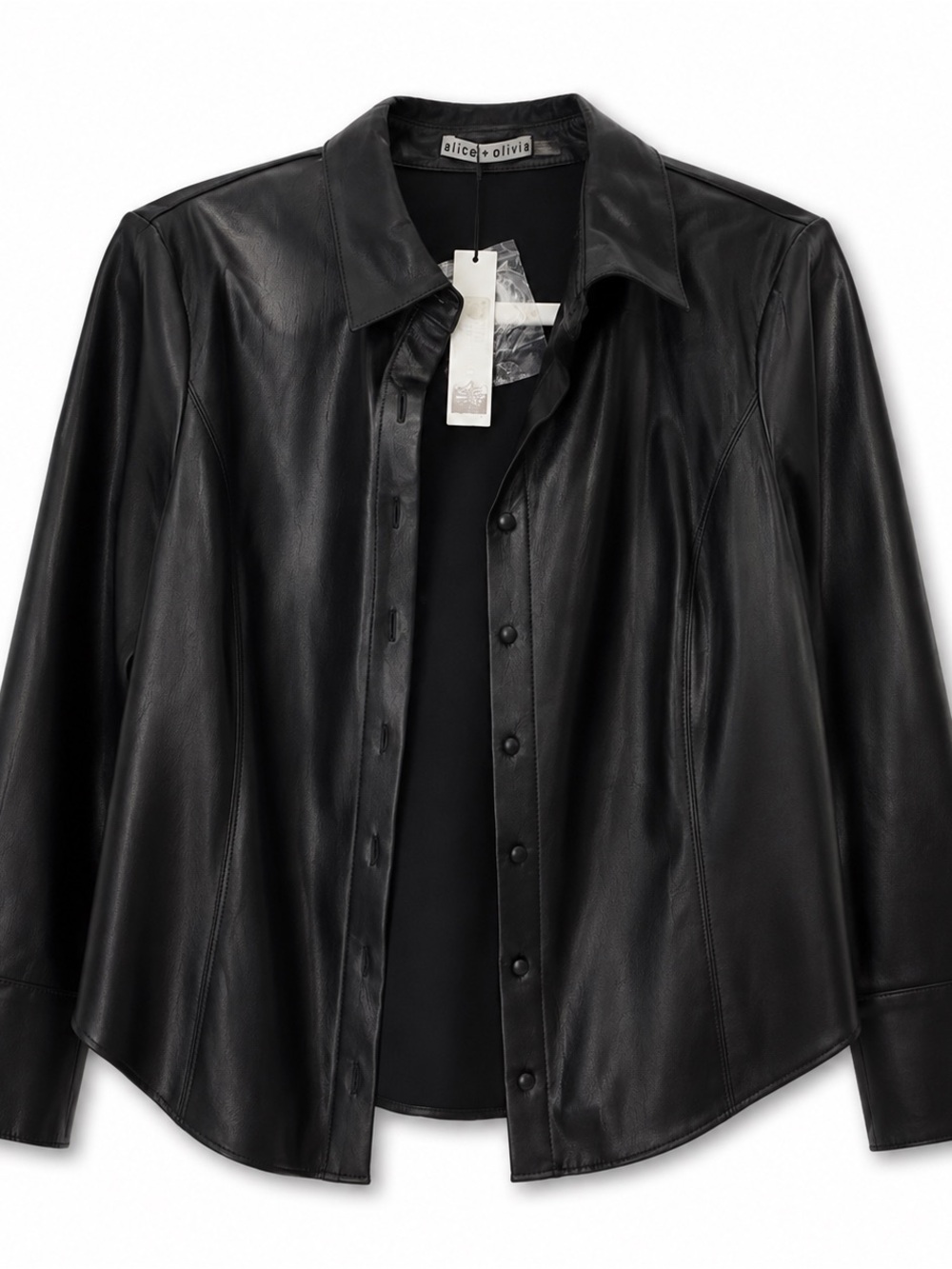 Alice + Olivia Black Leather Button-Front Shirt Jacket